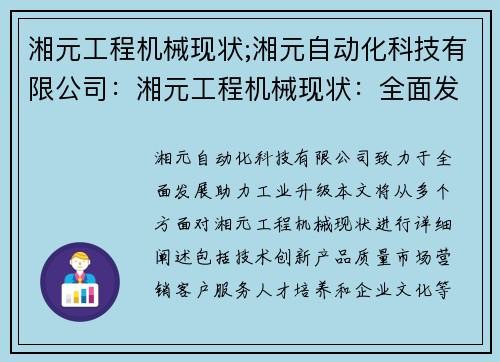 湘元工程机械现状;湘元自动化科技有限公司:湘元工程机械现状:全面发展助力工业升级 湘元工程机械现状;湘元自动化科技有限公司:湘元工程机械现状:全面发展助力工业升级